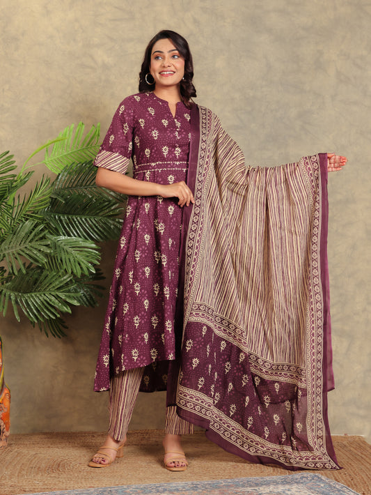 Voile Cotton Floral Purple Dupatta