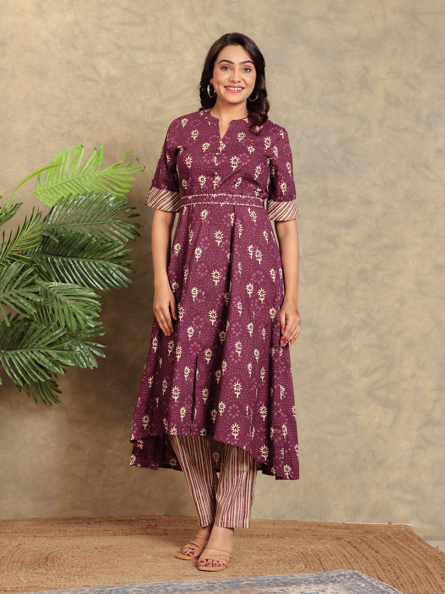 Soft Cotton Floral High Low Purple Kurta