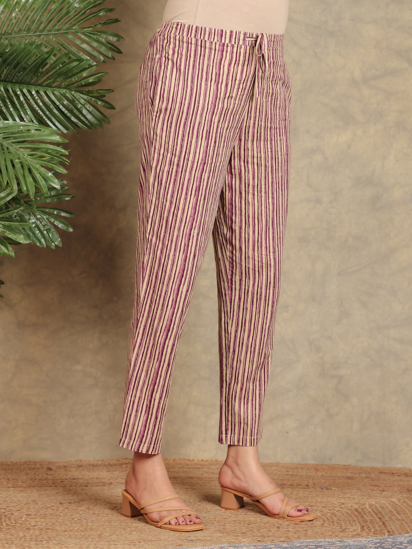 Soft Cotton Striped Purple Tapered Trousers