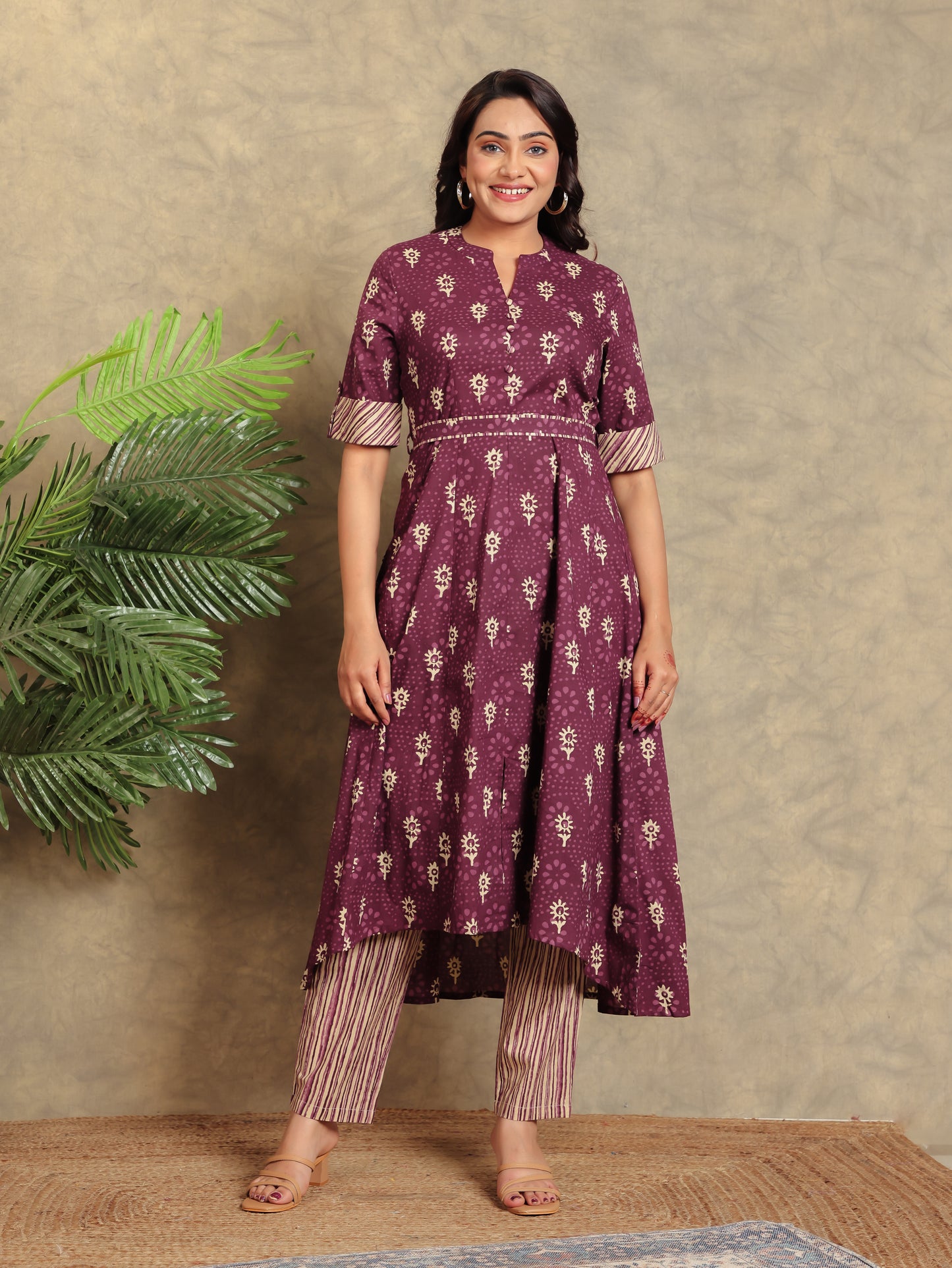 Soft Cotton Floral High Low Purple Kurta