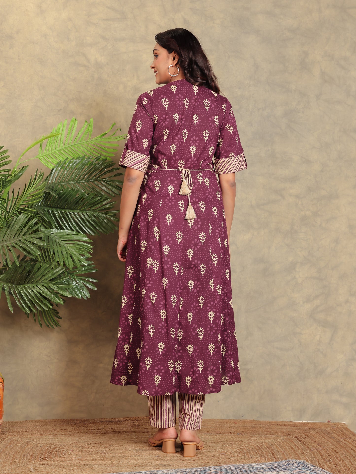 Soft Cotton Floral High Low Purple Kurta