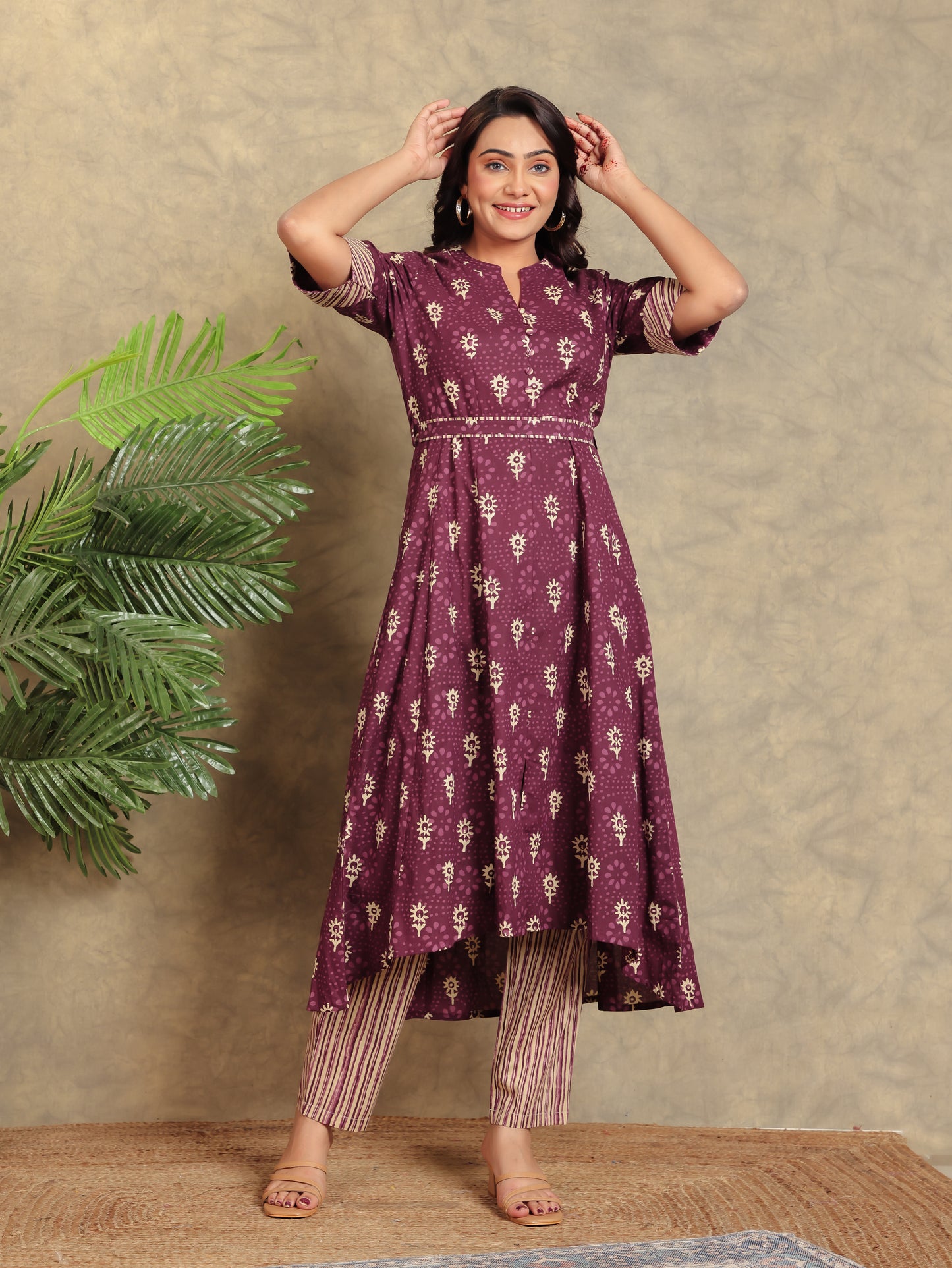 Soft Cotton Floral High Low Purple Kurta