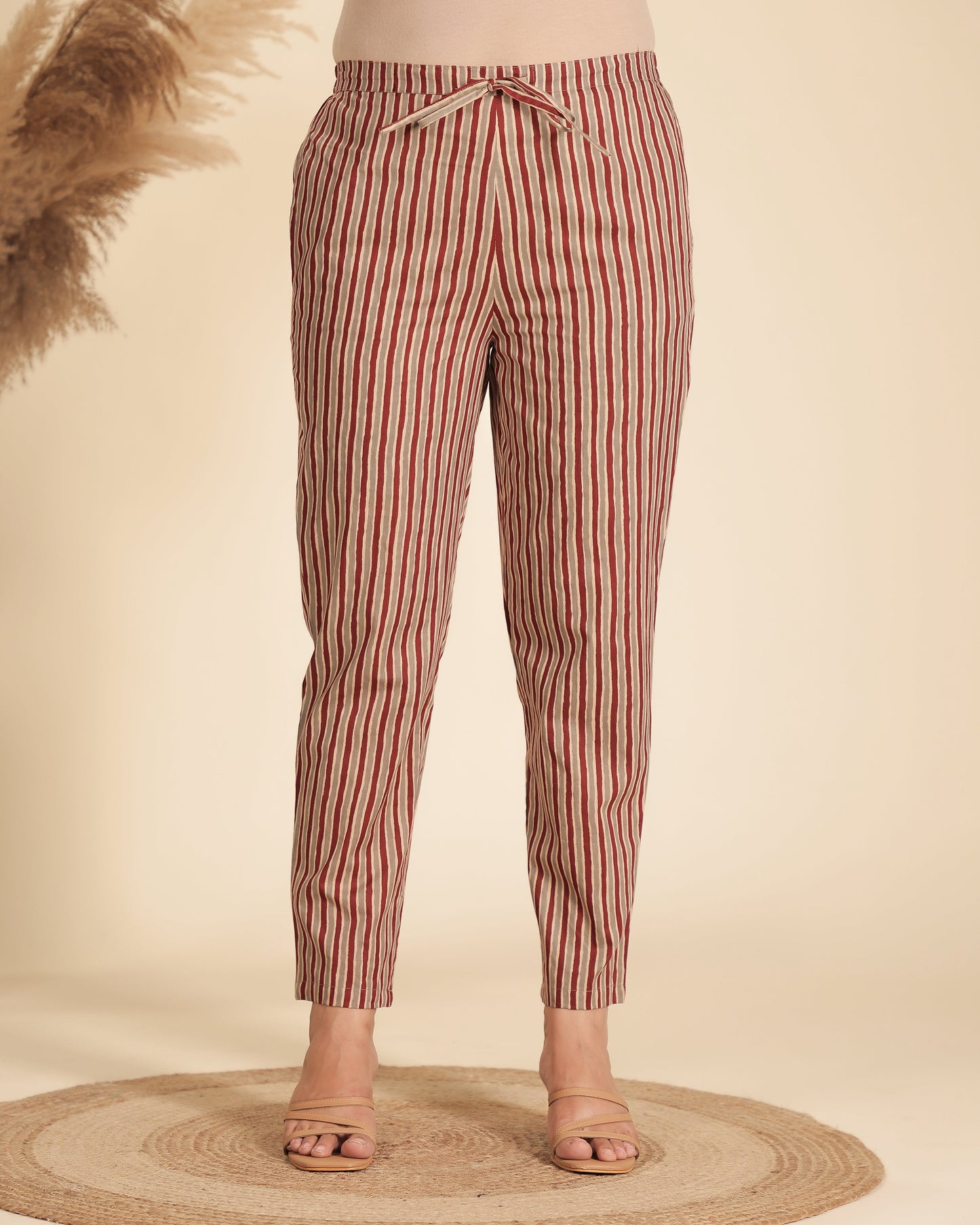 Soft Cotton Striped Beige Tapered Trousers