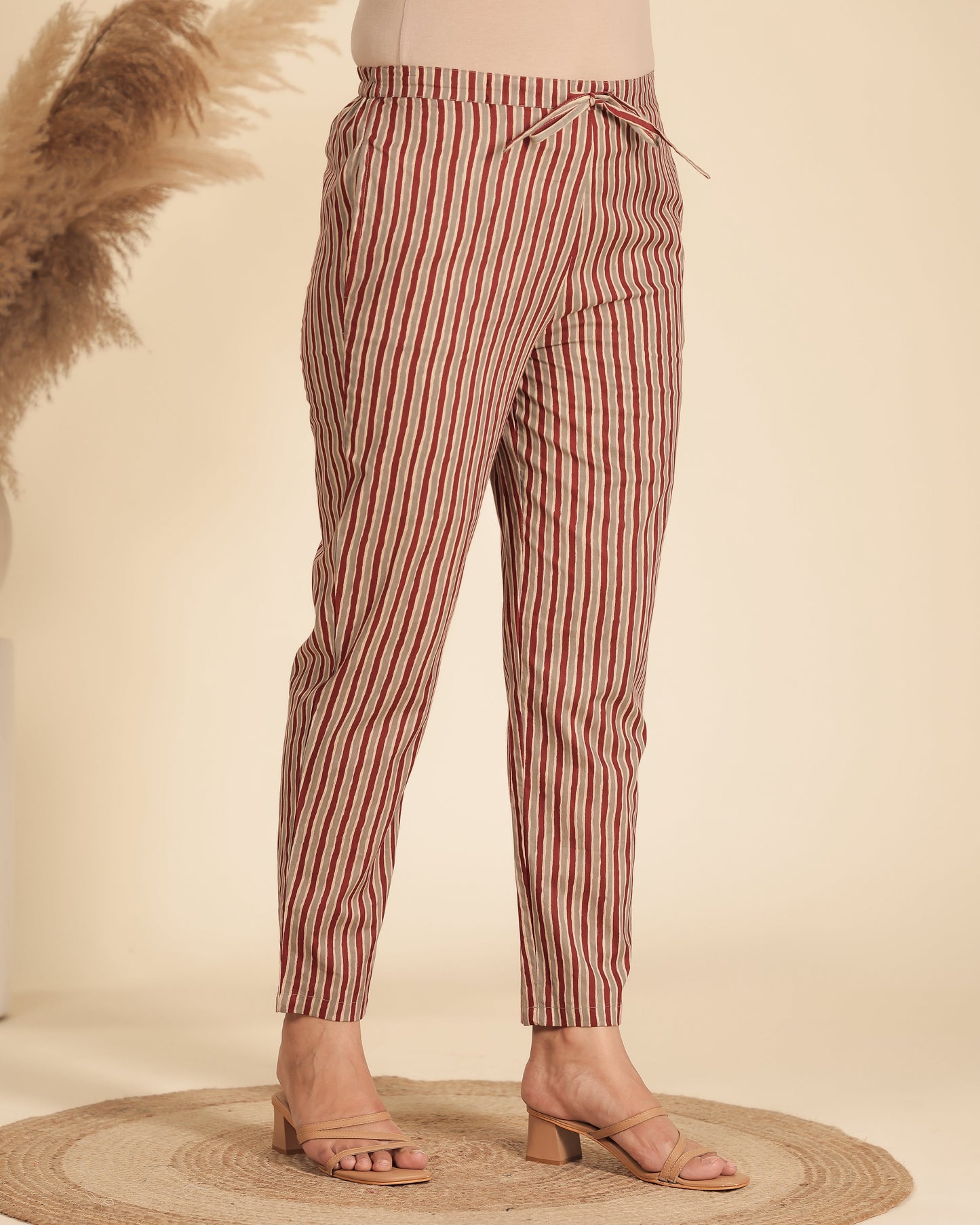 Soft Cotton Striped Beige Tapered Trousers