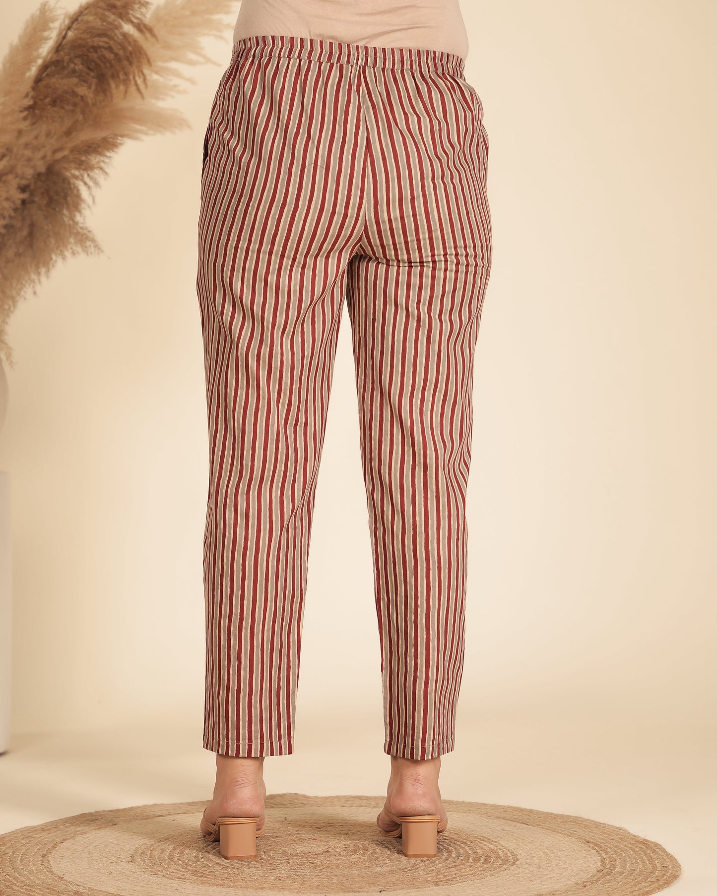 Soft Cotton Striped Beige Tapered Trousers