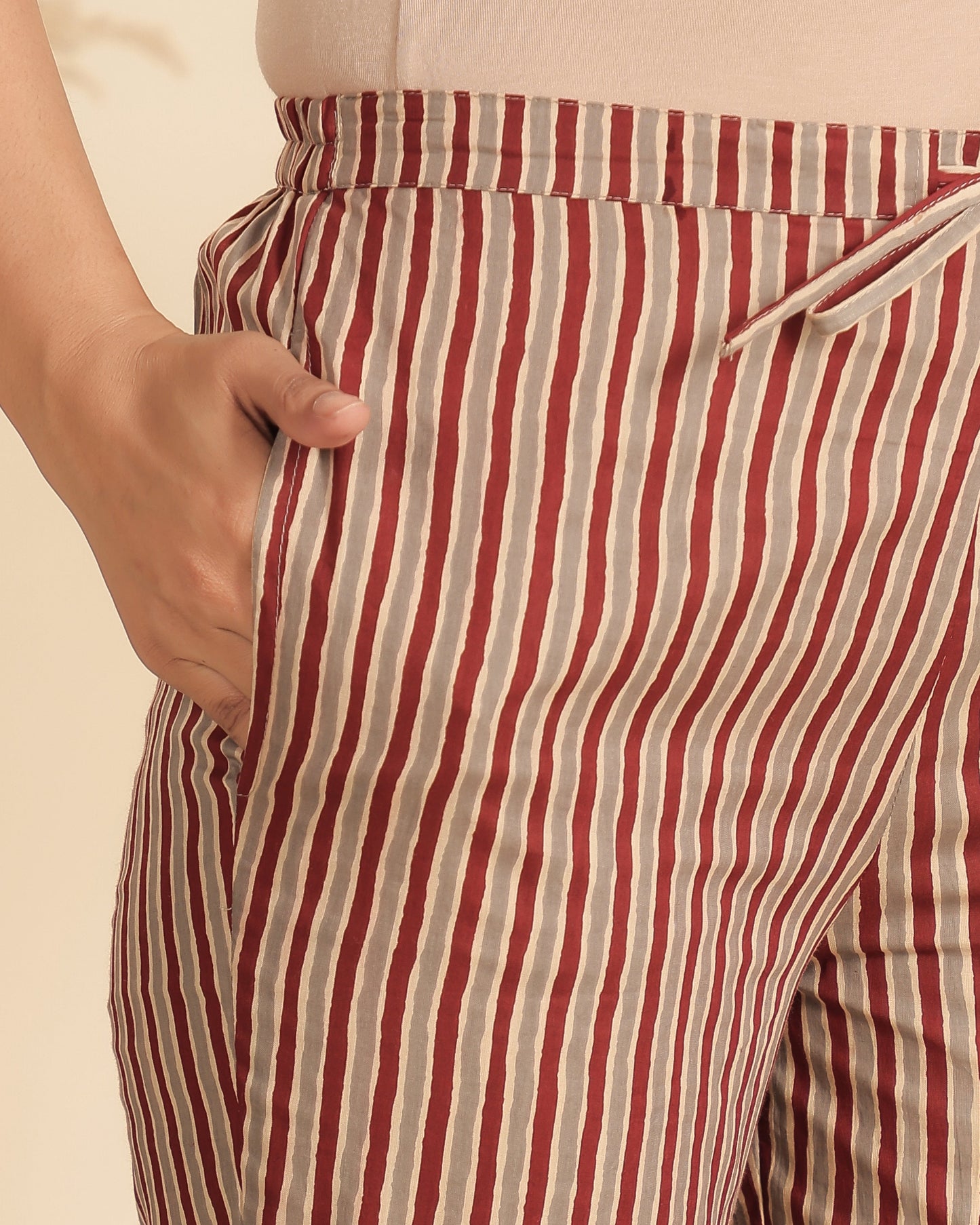 Soft Cotton Striped Beige Tapered Trousers
