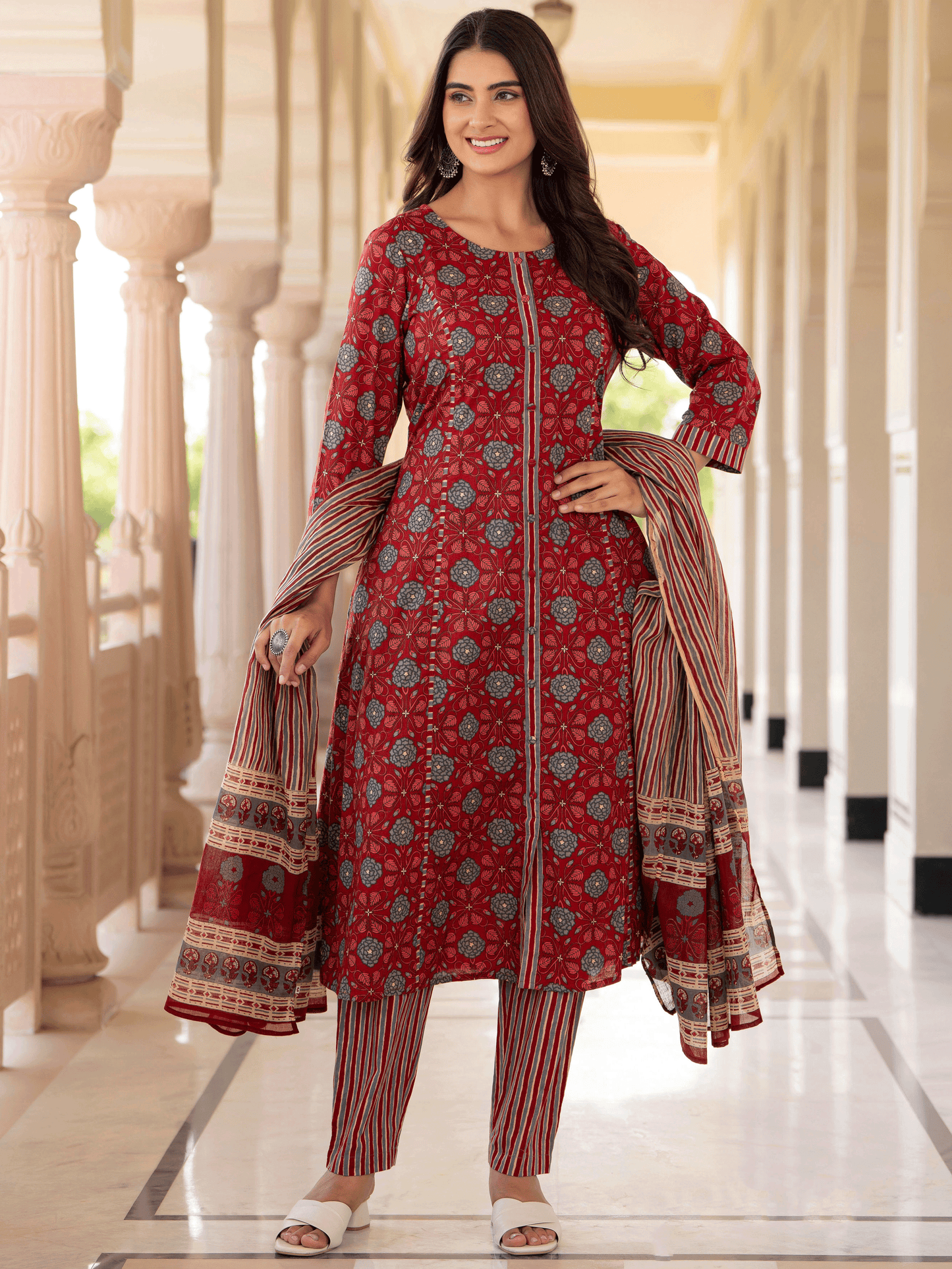 Cotton Voile Striped Maroon Dupatta