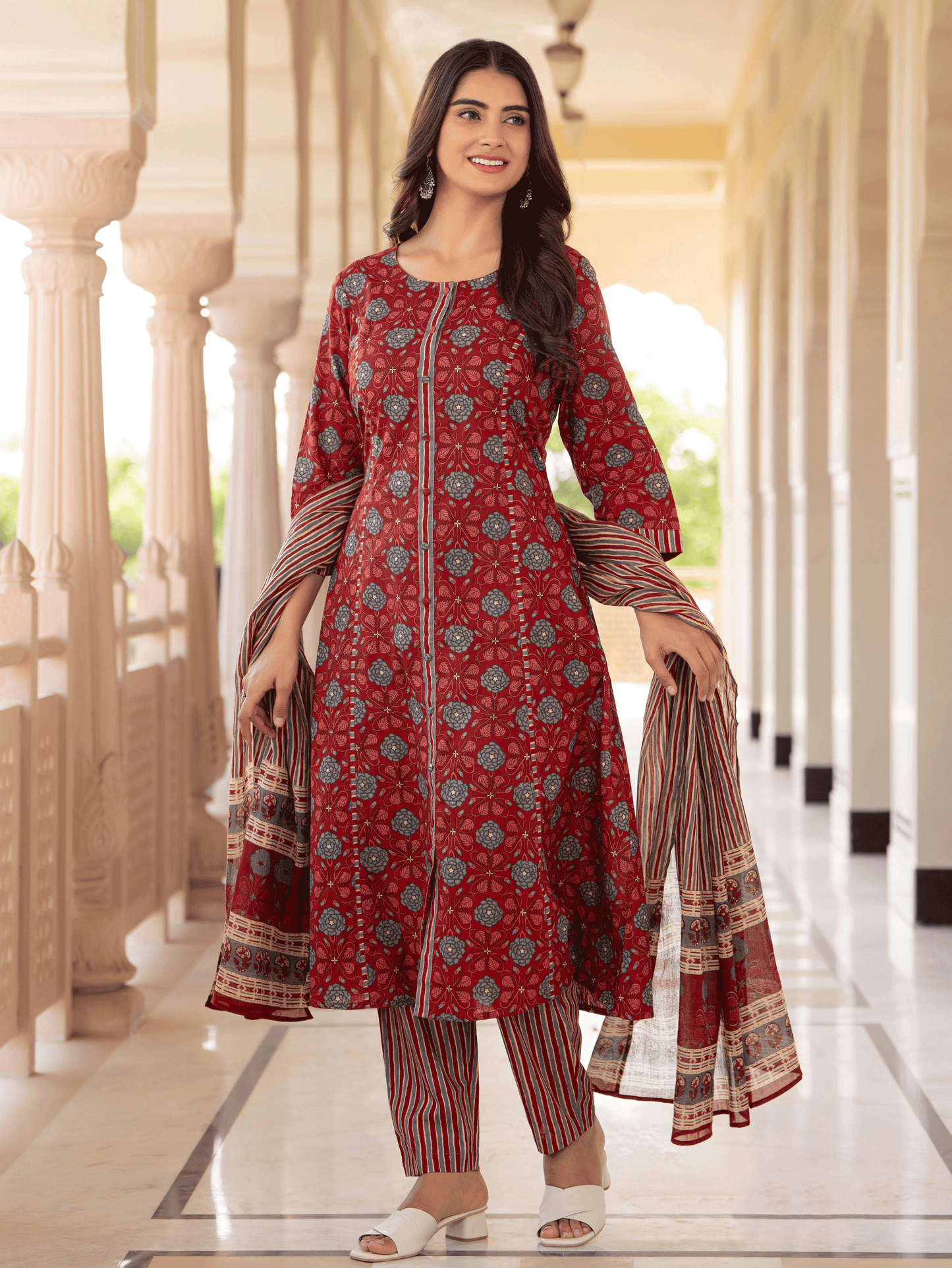 Cotton Voile Striped Maroon Dupatta