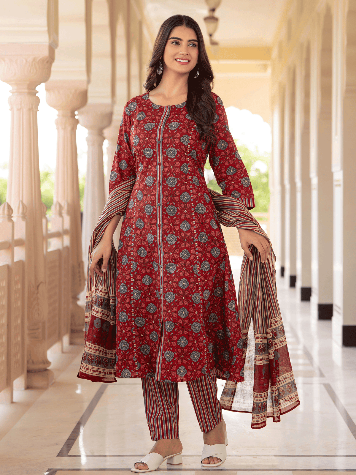 Cotton Voile Striped Maroon Dupatta