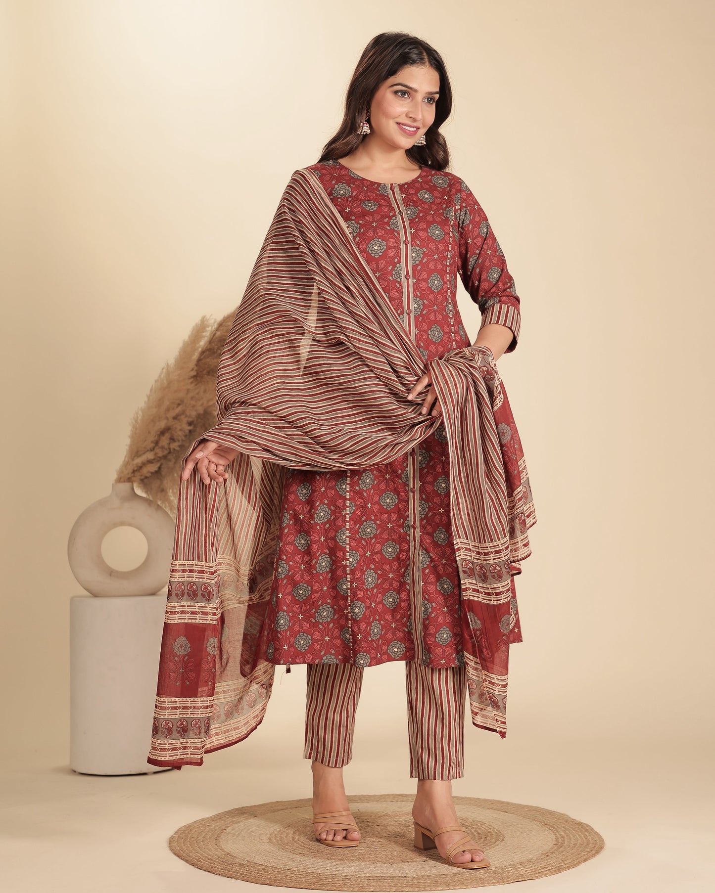 Soft Cotton Floral Flared Maroon Kurta