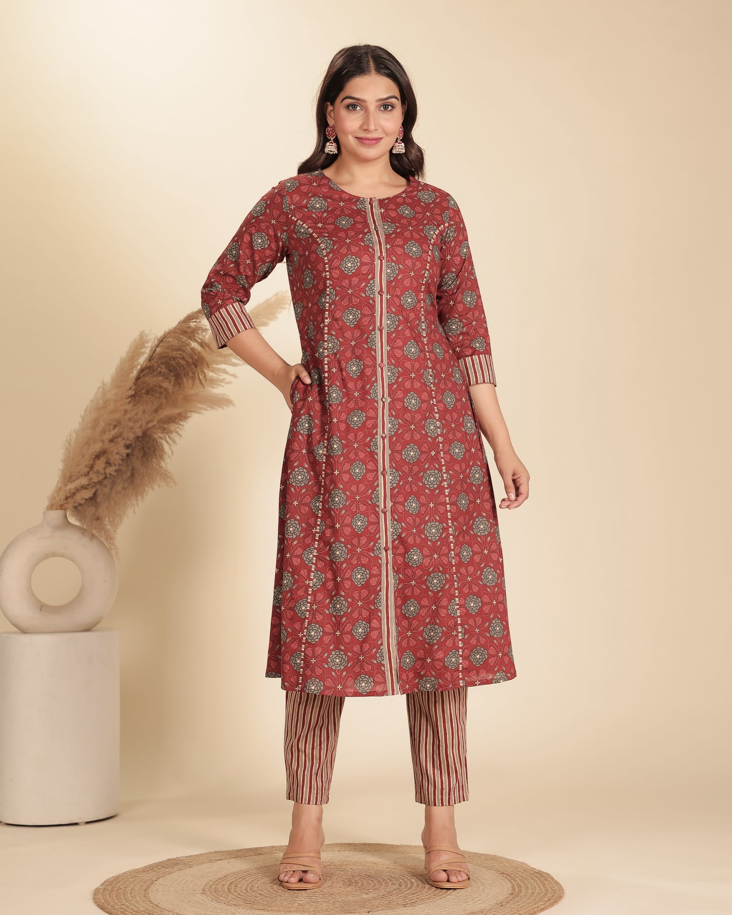 Soft Cotton Floral Flared Maroon Kurta