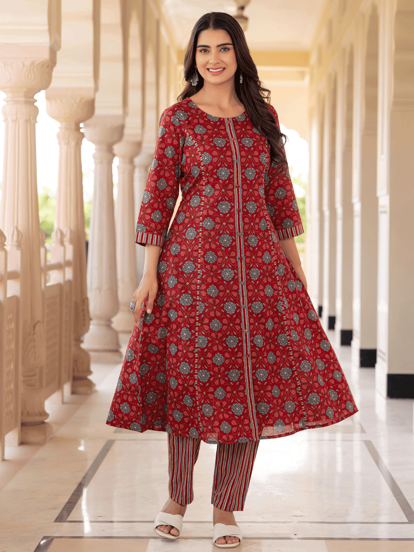 Soft Cotton Floral Flared Maroon Kurta
