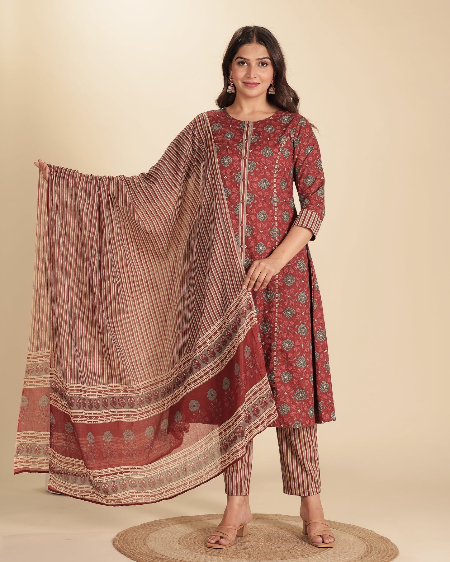 Soft Cotton Floral Flared Maroon Kurta