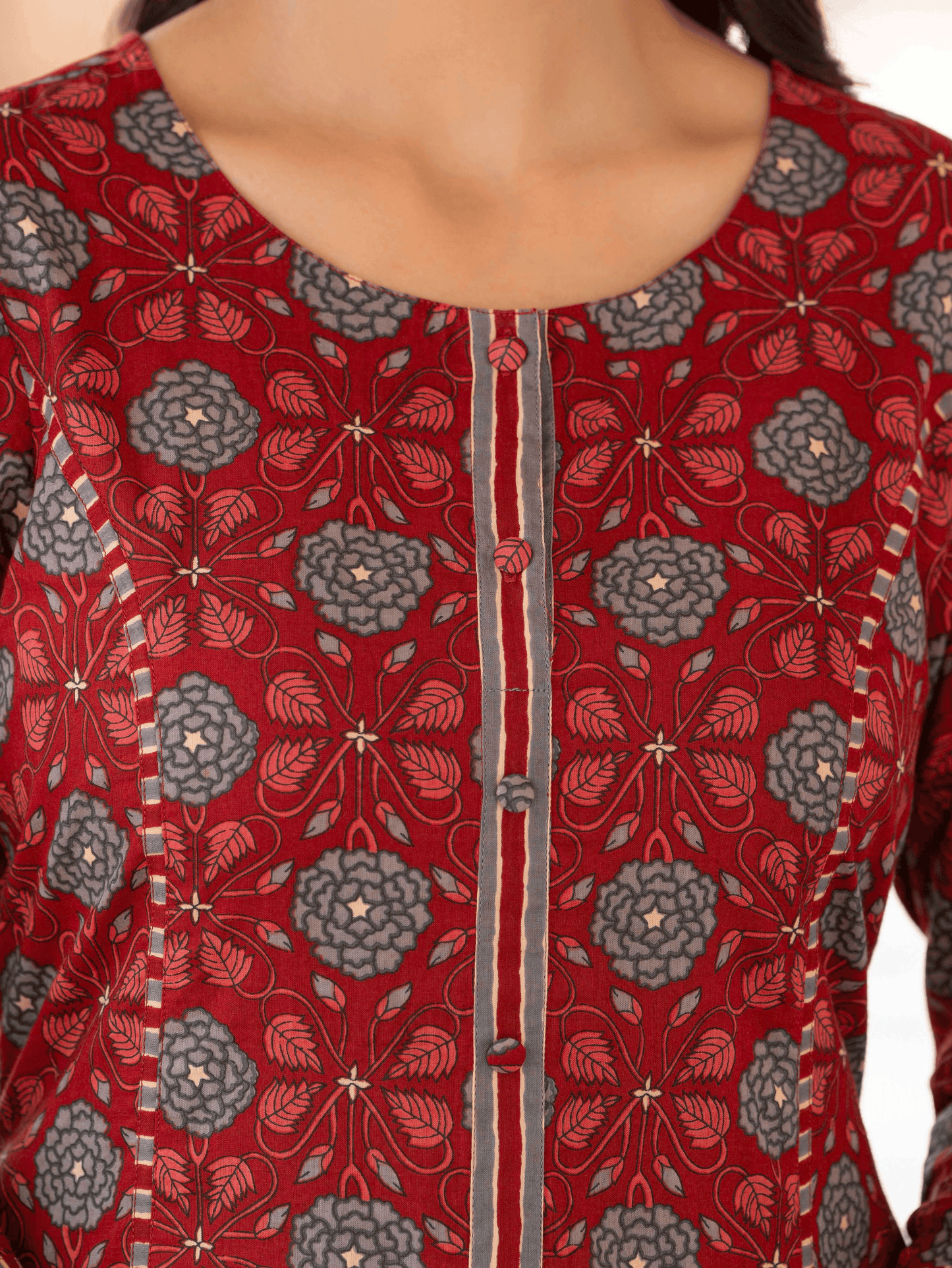 Soft Cotton Floral Flared Maroon Kurta