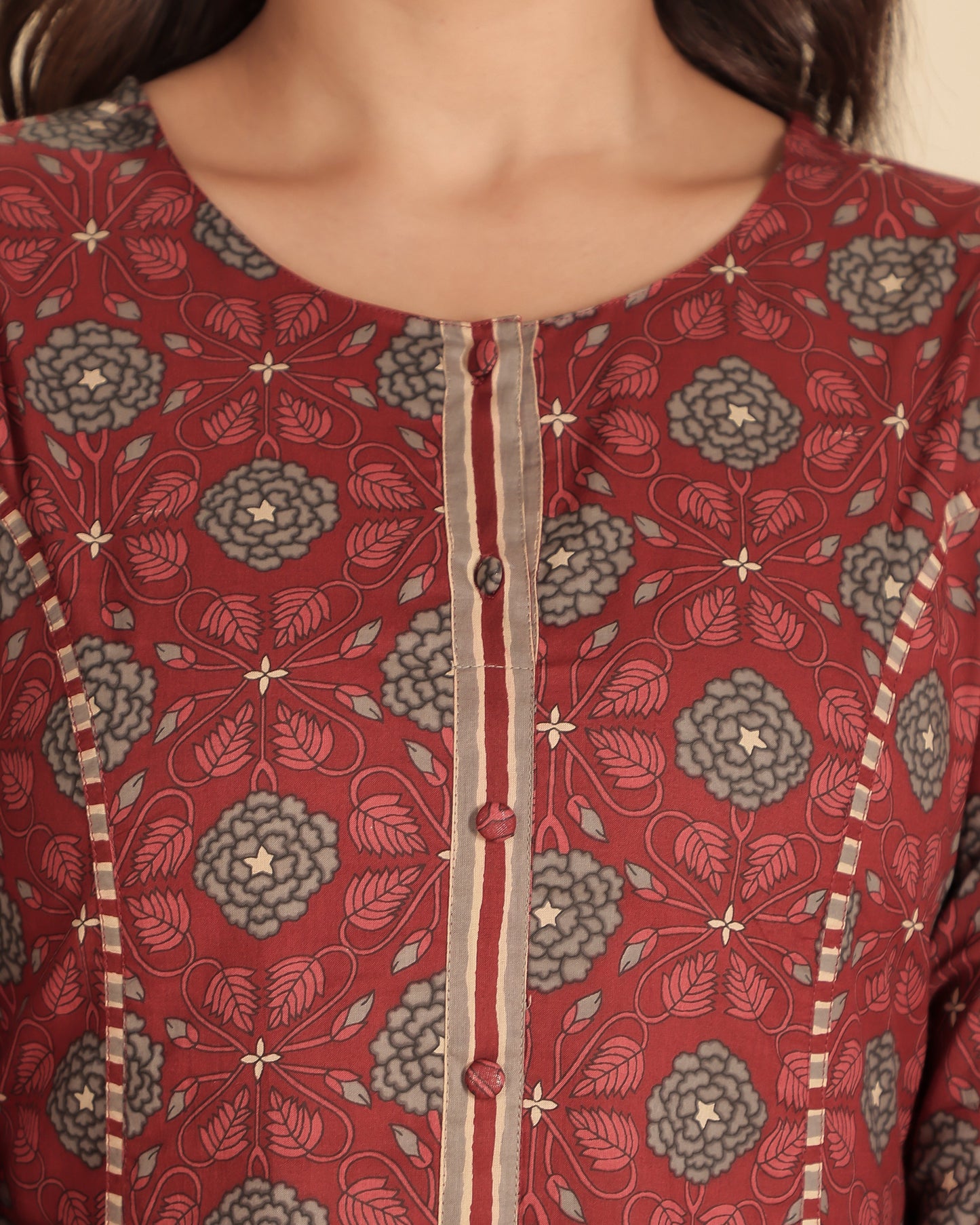 Soft Cotton Floral Flared Maroon Kurta