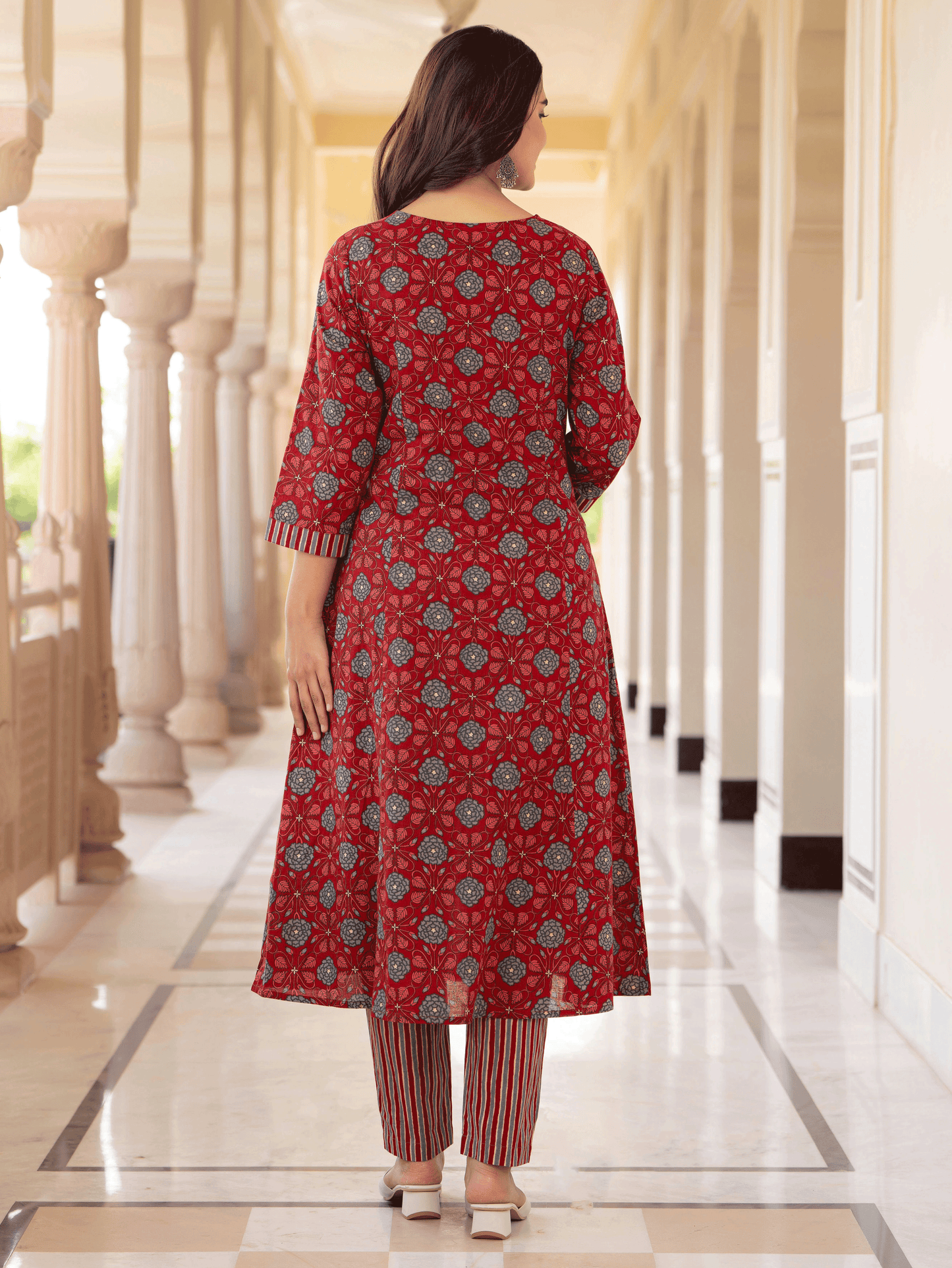 Soft Cotton Floral Flared Maroon Kurta