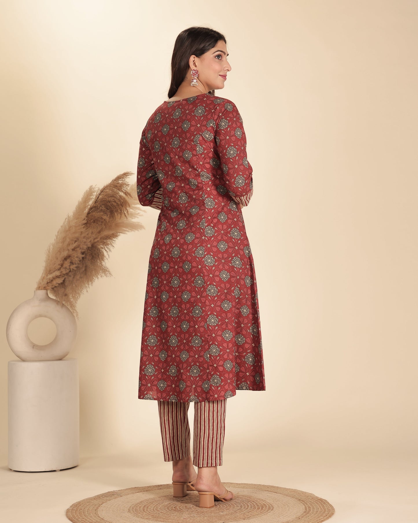 Soft Cotton Floral Flared Maroon Kurta