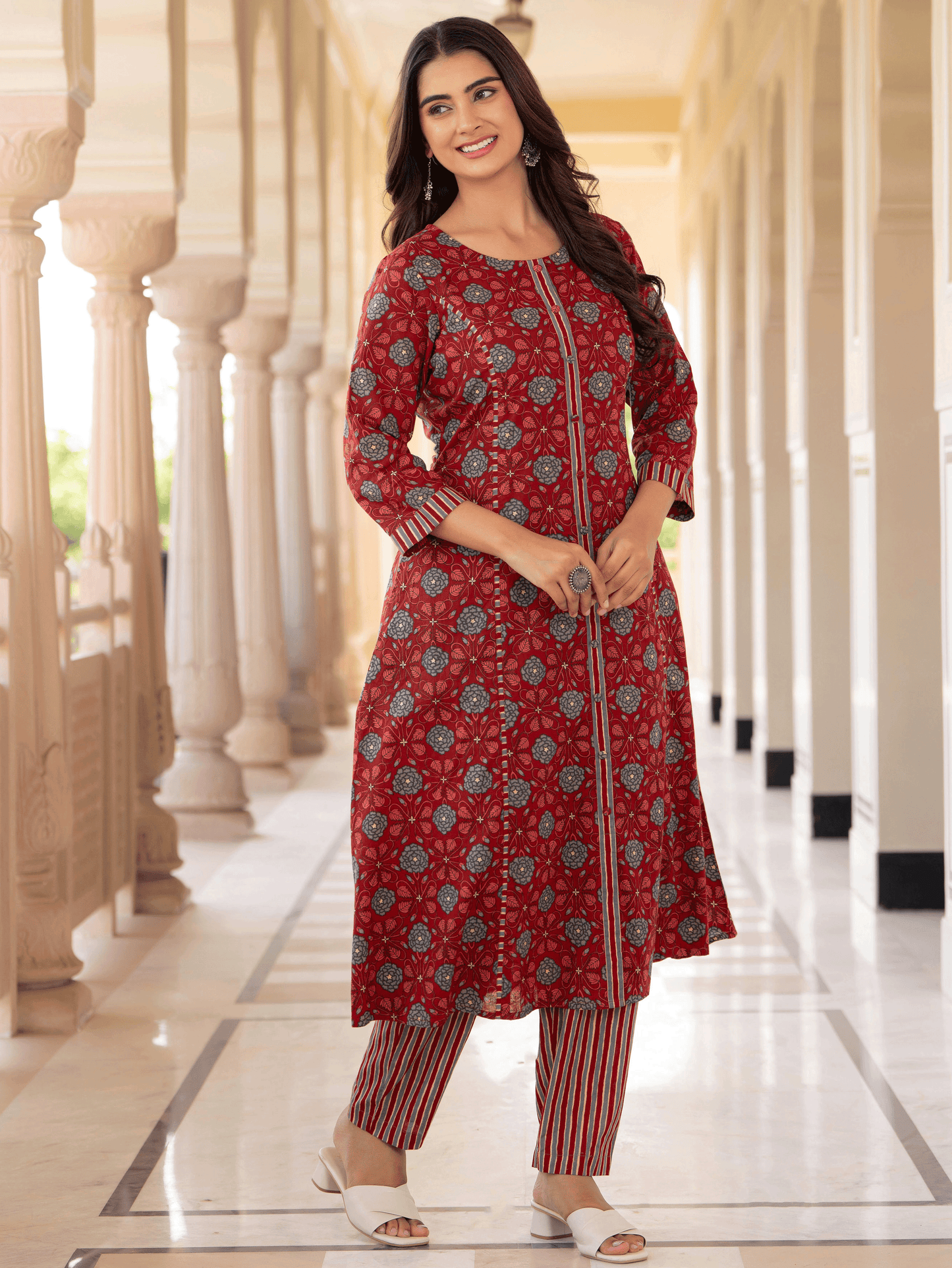 Soft Cotton Floral Flared Maroon Kurta