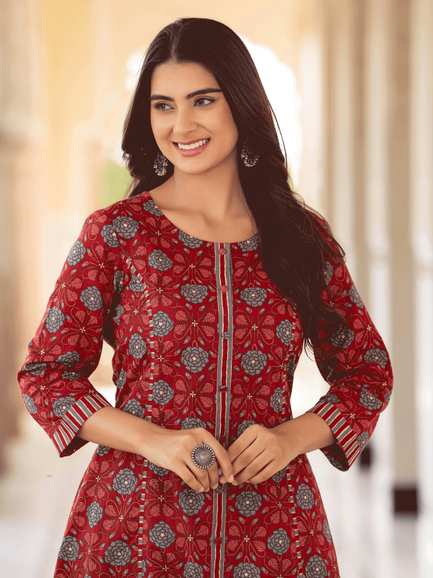 Soft Cotton Floral Flared Maroon Kurta