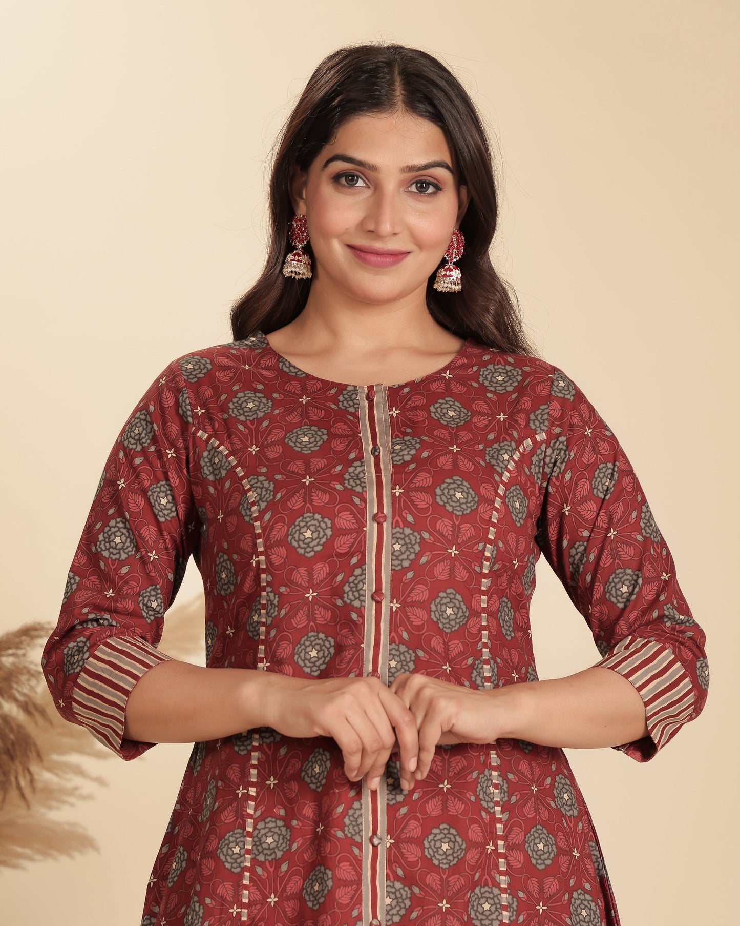 Soft Cotton Floral Flared Maroon Kurta