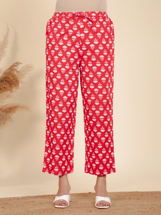Soft Cotton Floral Red Straight Trousers