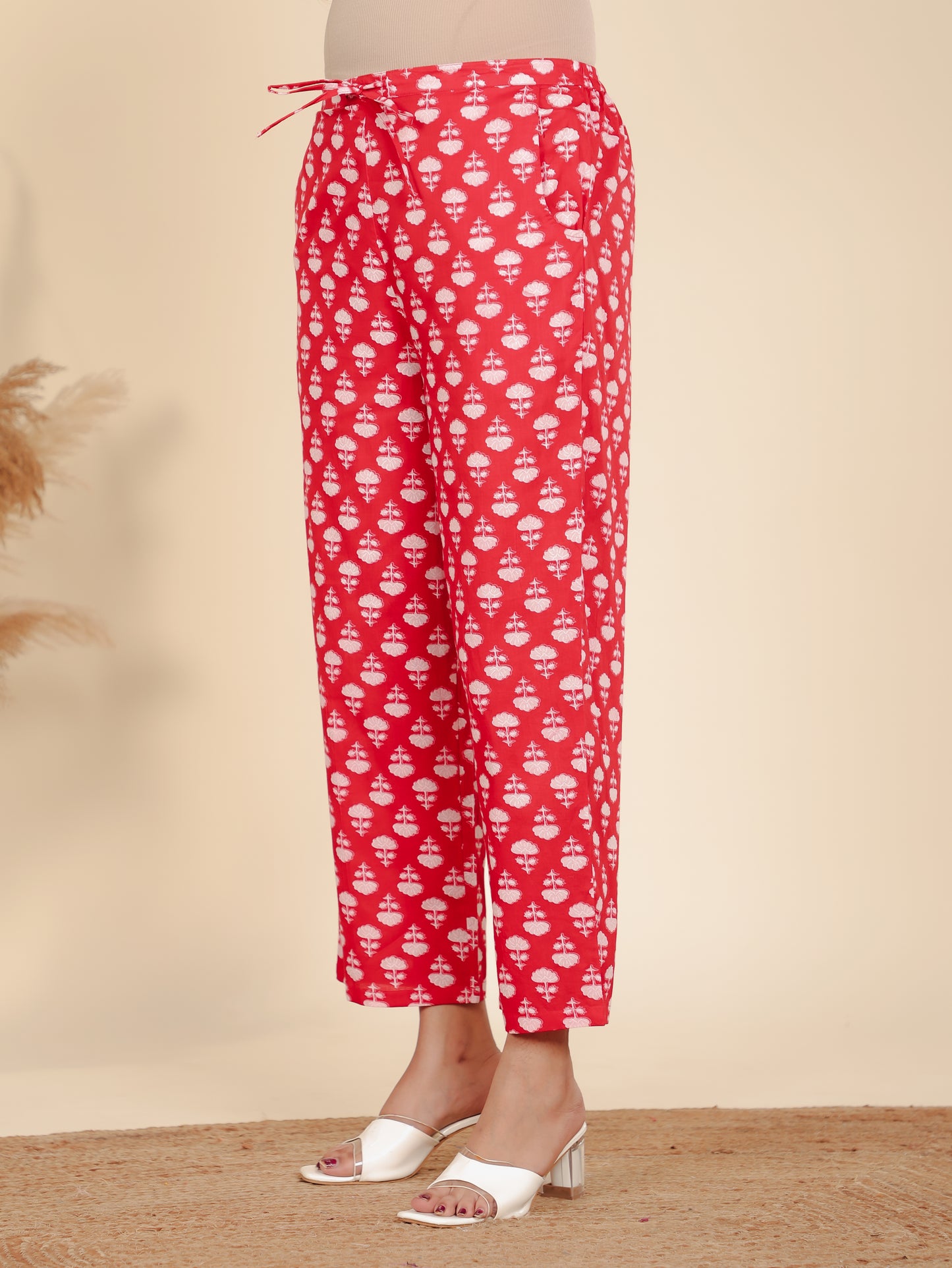 Soft Cotton Floral Red Straight Trousers