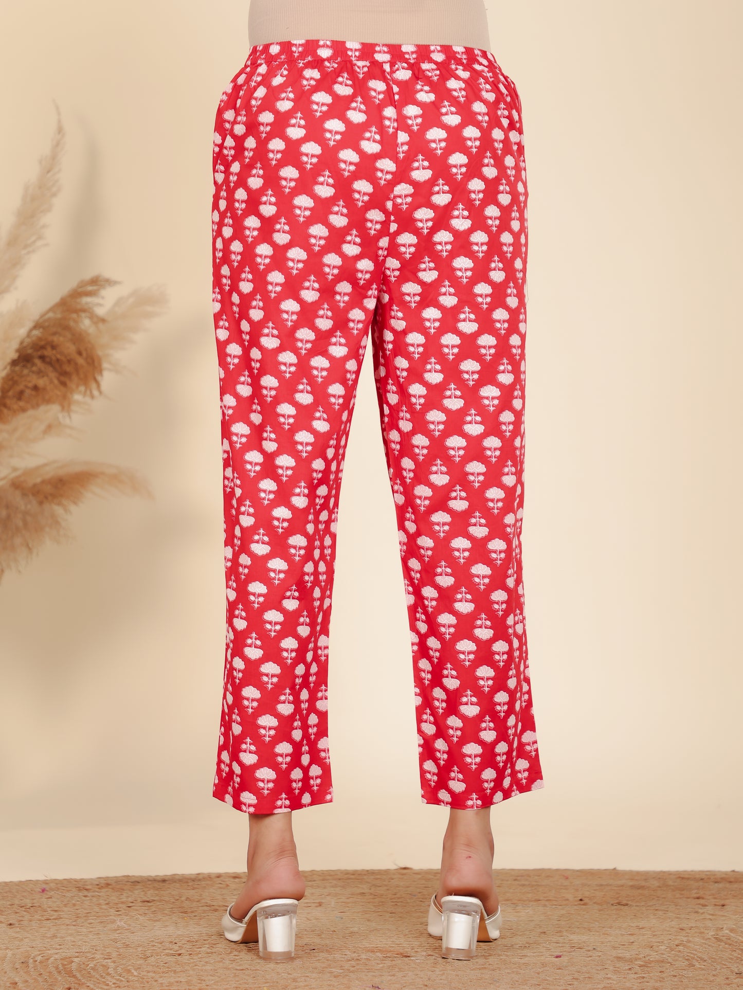 Soft Cotton Floral Red Straight Trousers