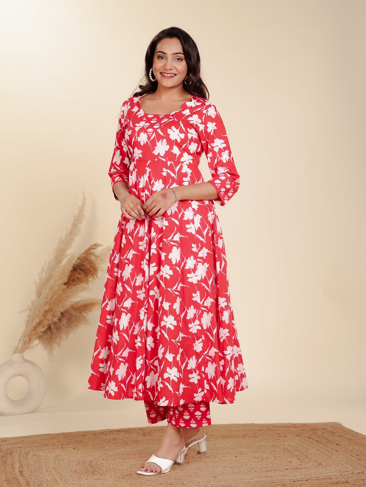 Soft Cotton Floral Flared Red Kurta