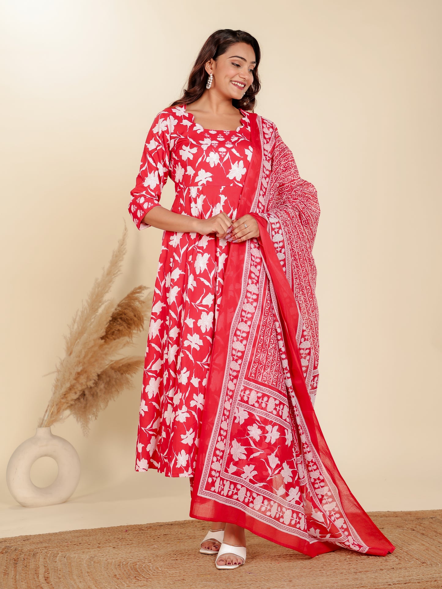 Soft Cotton Floral Flared Red Kurta