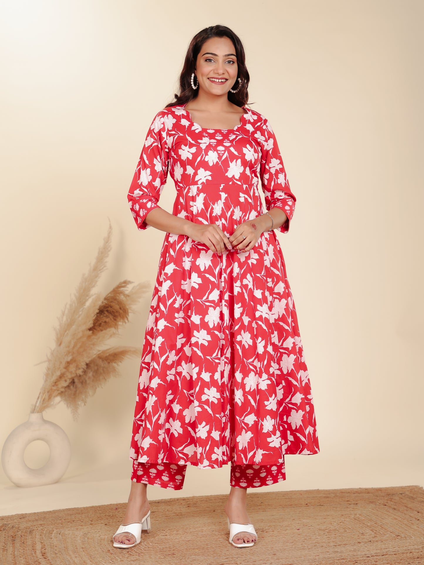 Soft Cotton Floral Flared Red Kurta