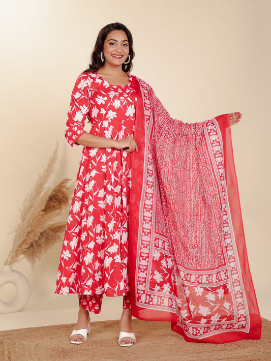 Soft Cotton Floral Flared Red Kurta