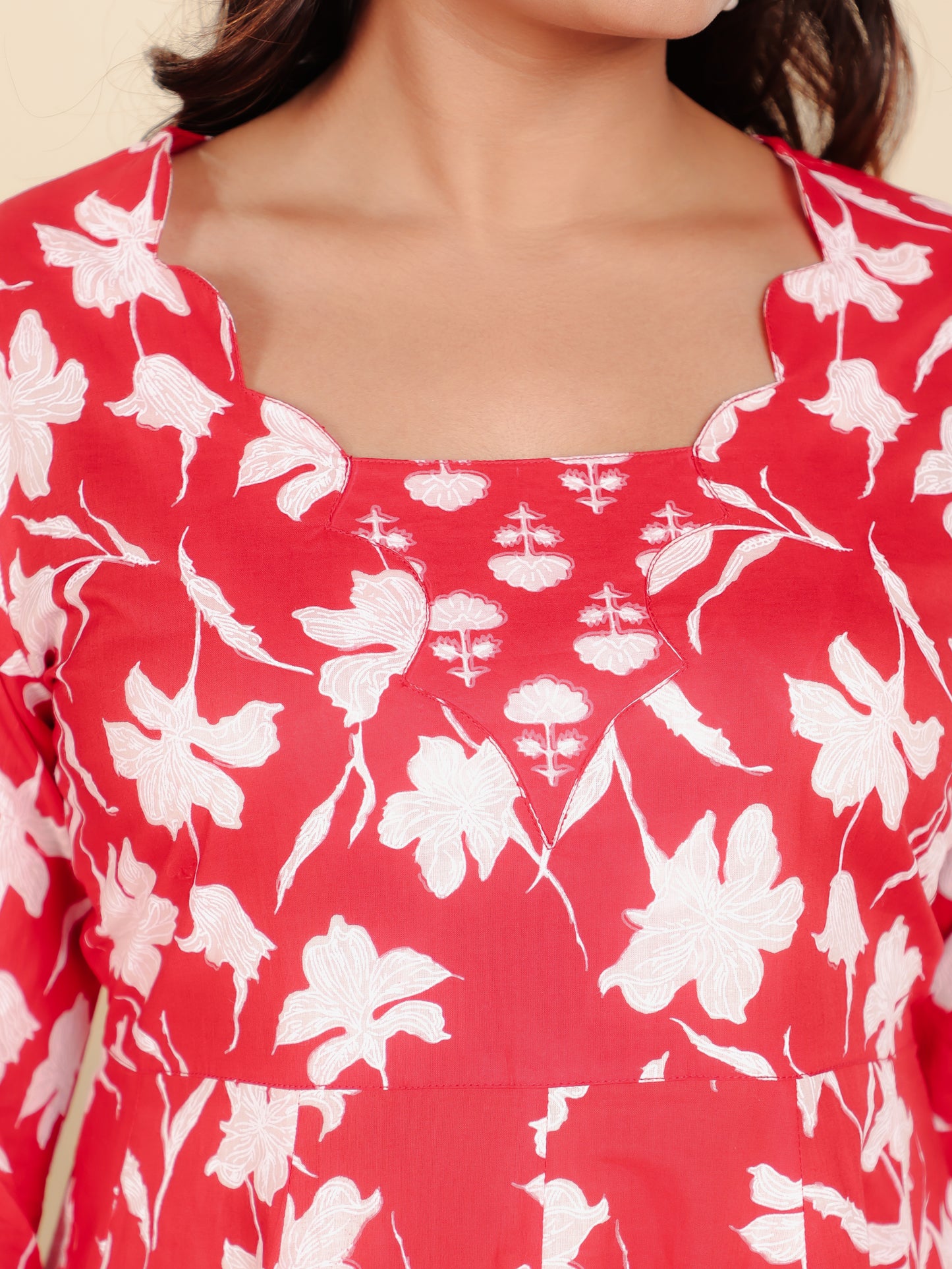 Soft Cotton Floral Flared Red Kurta