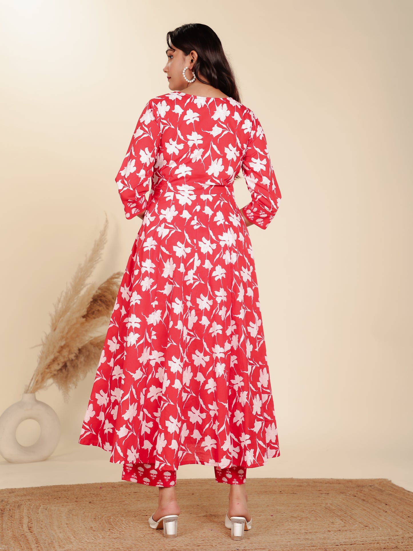 Soft Cotton Floral Flared Red Kurta