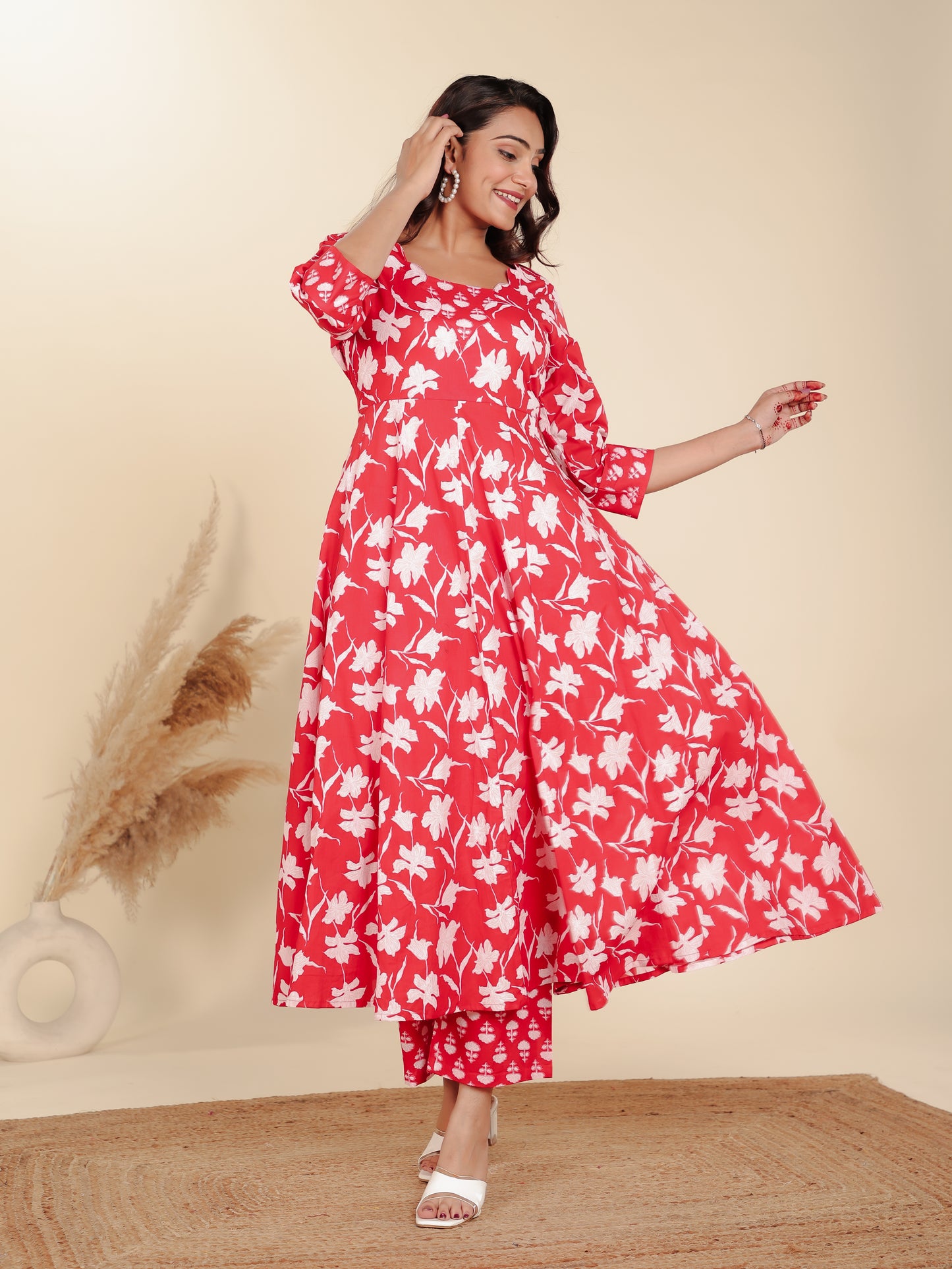 Soft Cotton Floral Flared Red Kurta