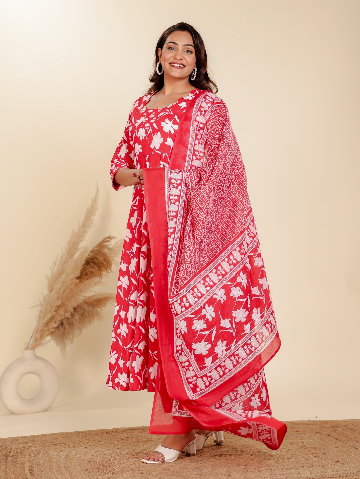 Soft Cotton Floral Flared Red Kurta