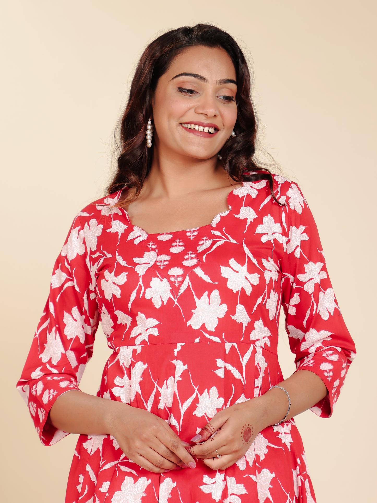 Soft Cotton Floral Flared Red Kurta