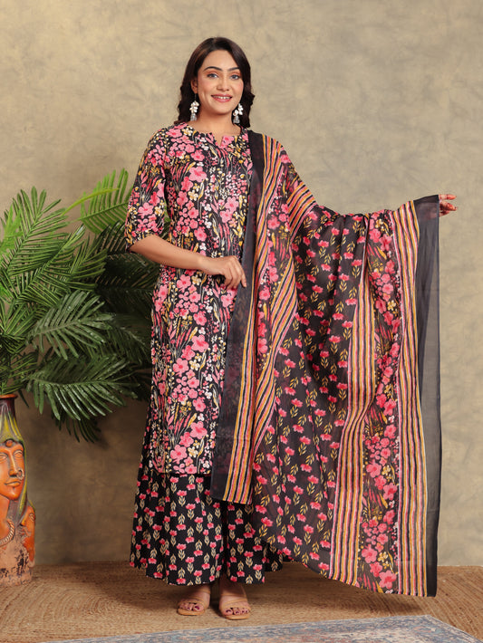 Voile Cotton Floral Black Dupatta