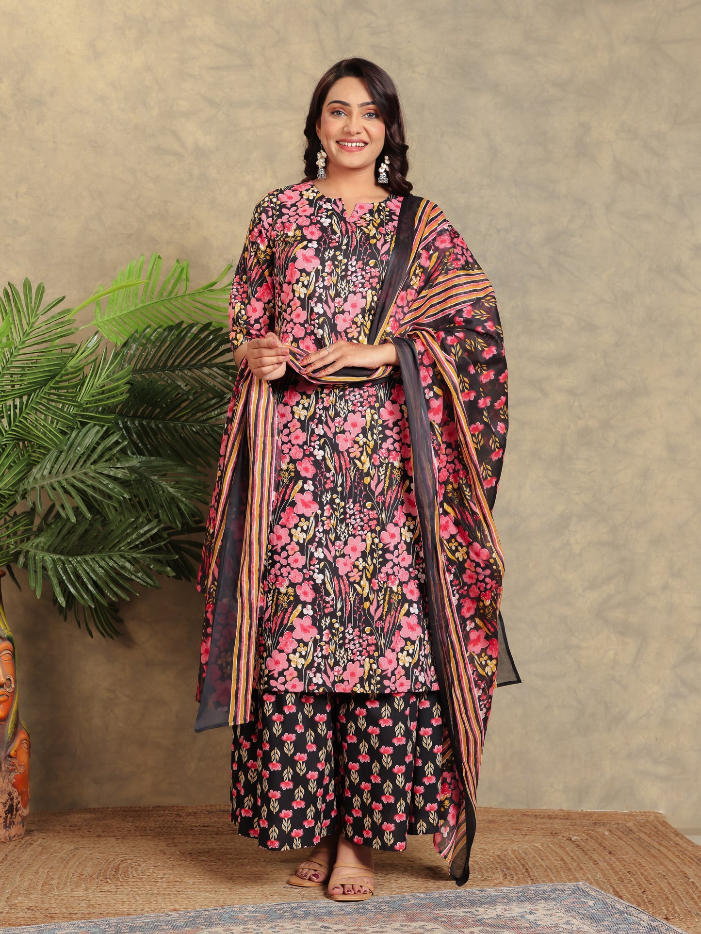 Voile Cotton Floral Black Dupatta