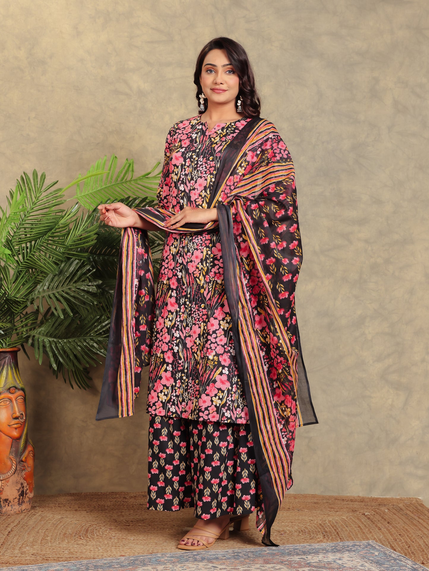 Voile Cotton Floral Black Dupatta
