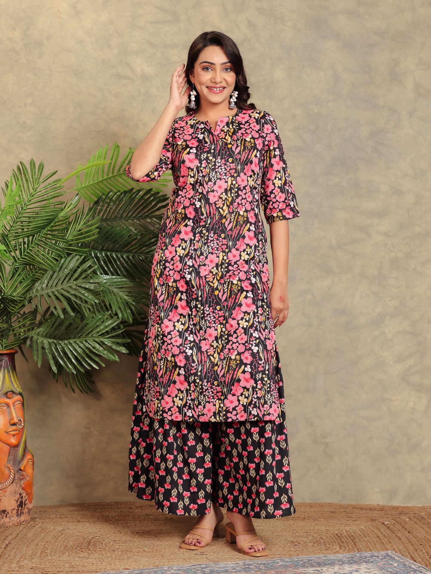 Soft Cotton Floral Straight Black Kurta