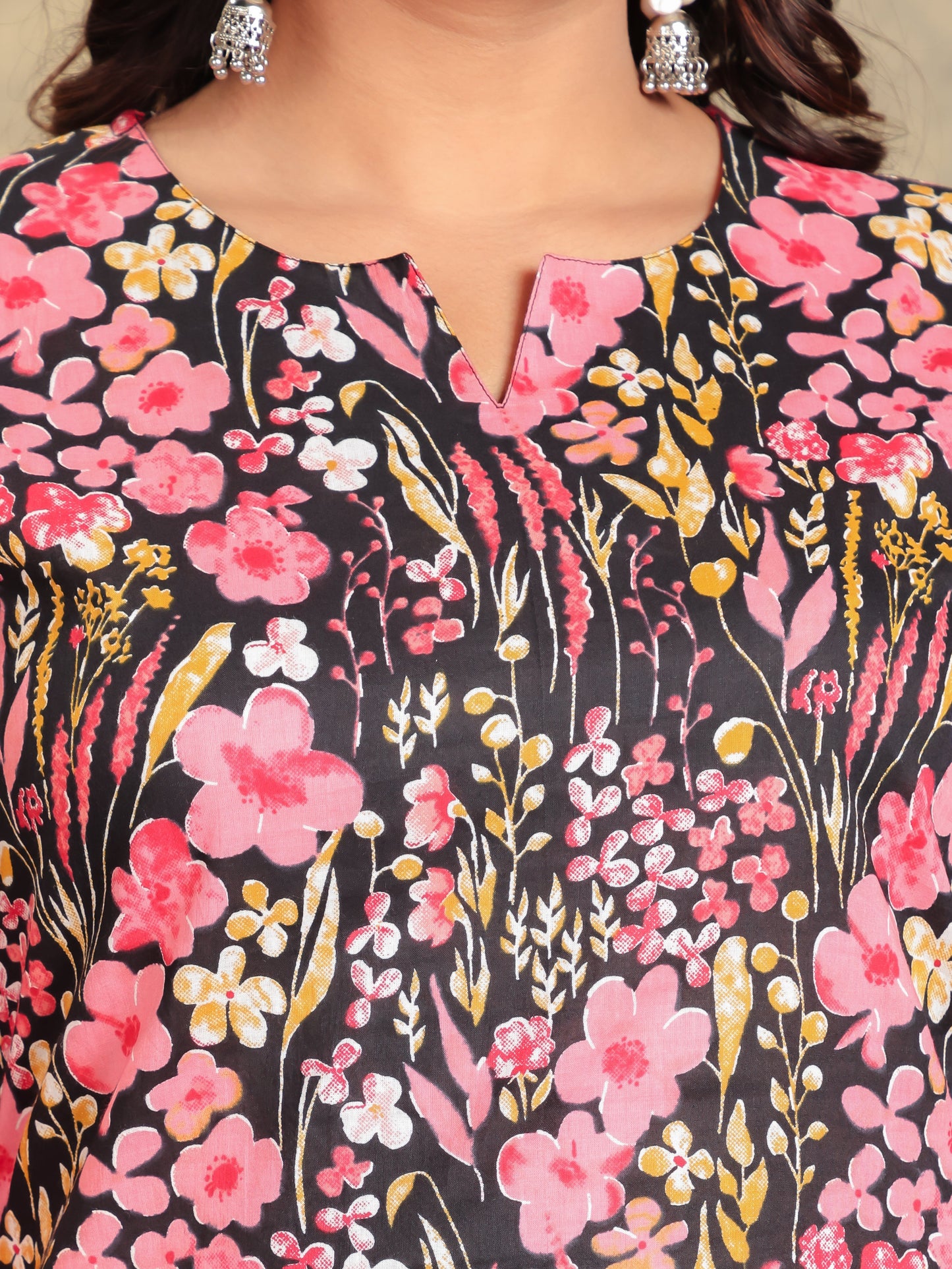 Soft Cotton Floral Straight Black Kurta