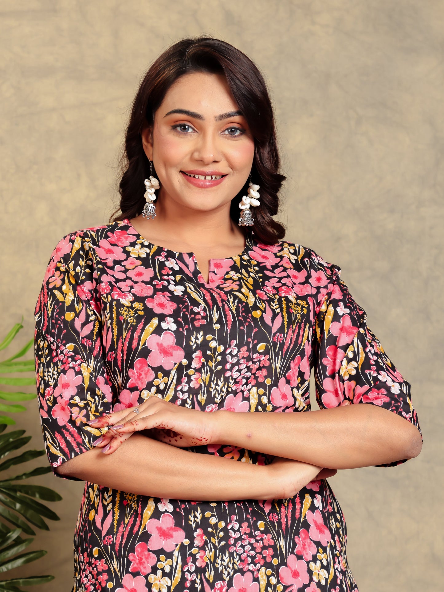 Soft Cotton Floral Straight Black Kurta