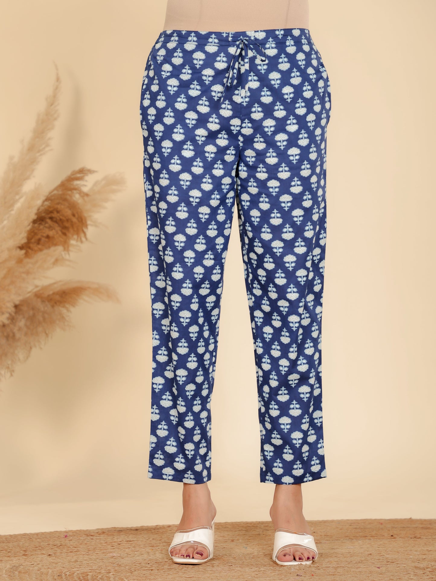 Soft Cotton Floral Blue Tapered Trousers