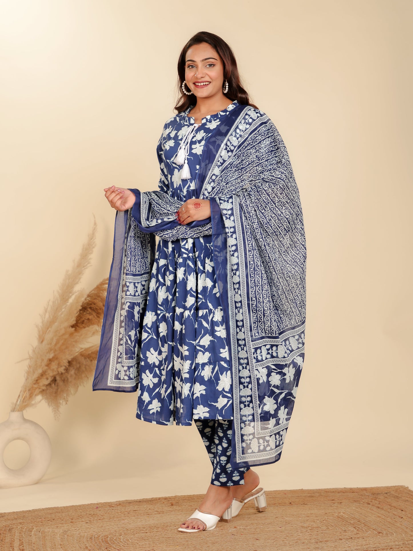 Soft Cotton Floral Flared Blue Kurta