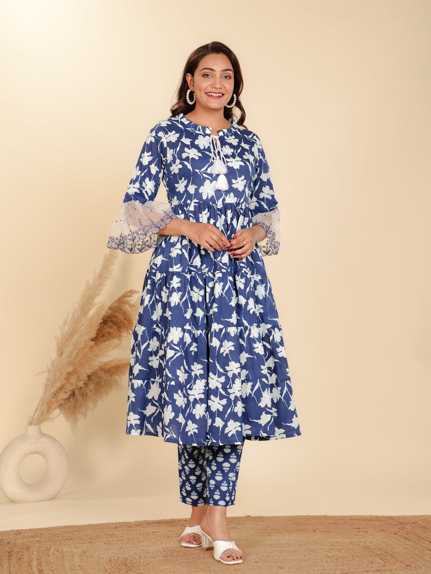 Soft Cotton Floral Flared Blue Kurta