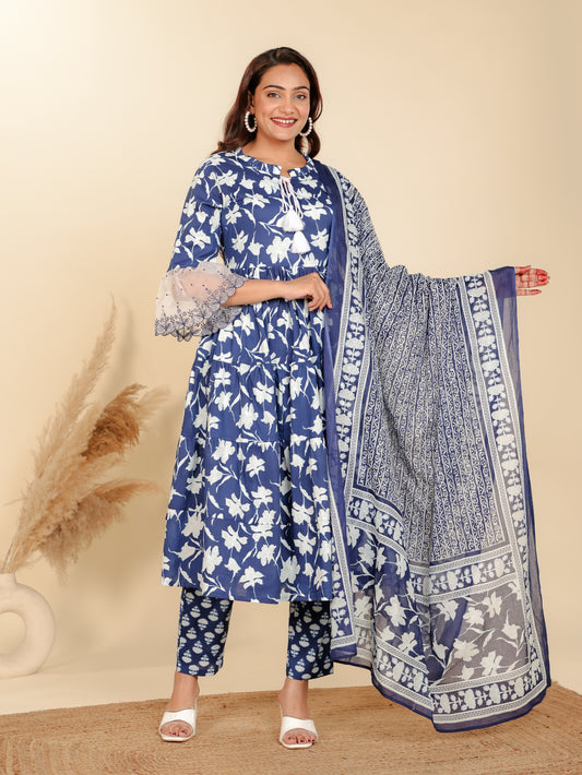 Soft Cotton Floral Flared Blue Kurta