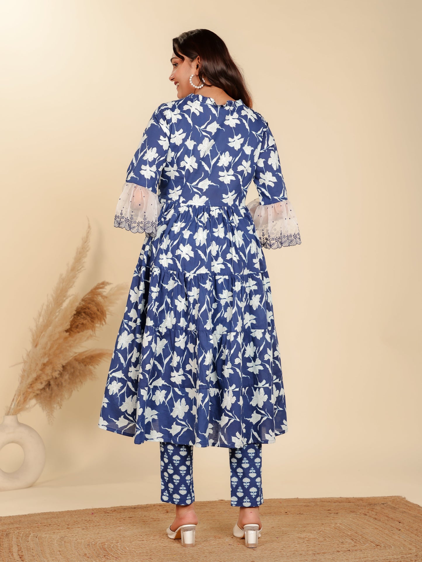 Soft Cotton Floral Flared Blue Kurta