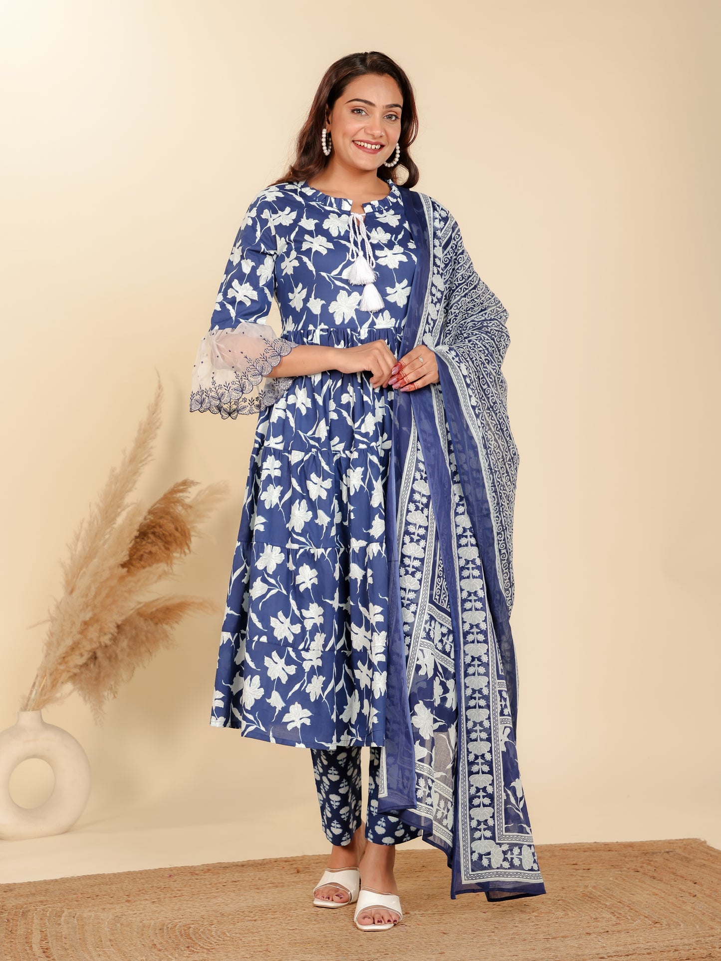 Soft Cotton Floral Flared Blue Kurta