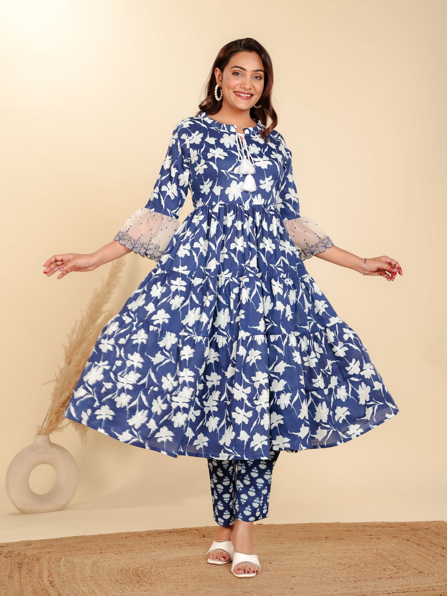 Soft Cotton Floral Flared Blue Kurta