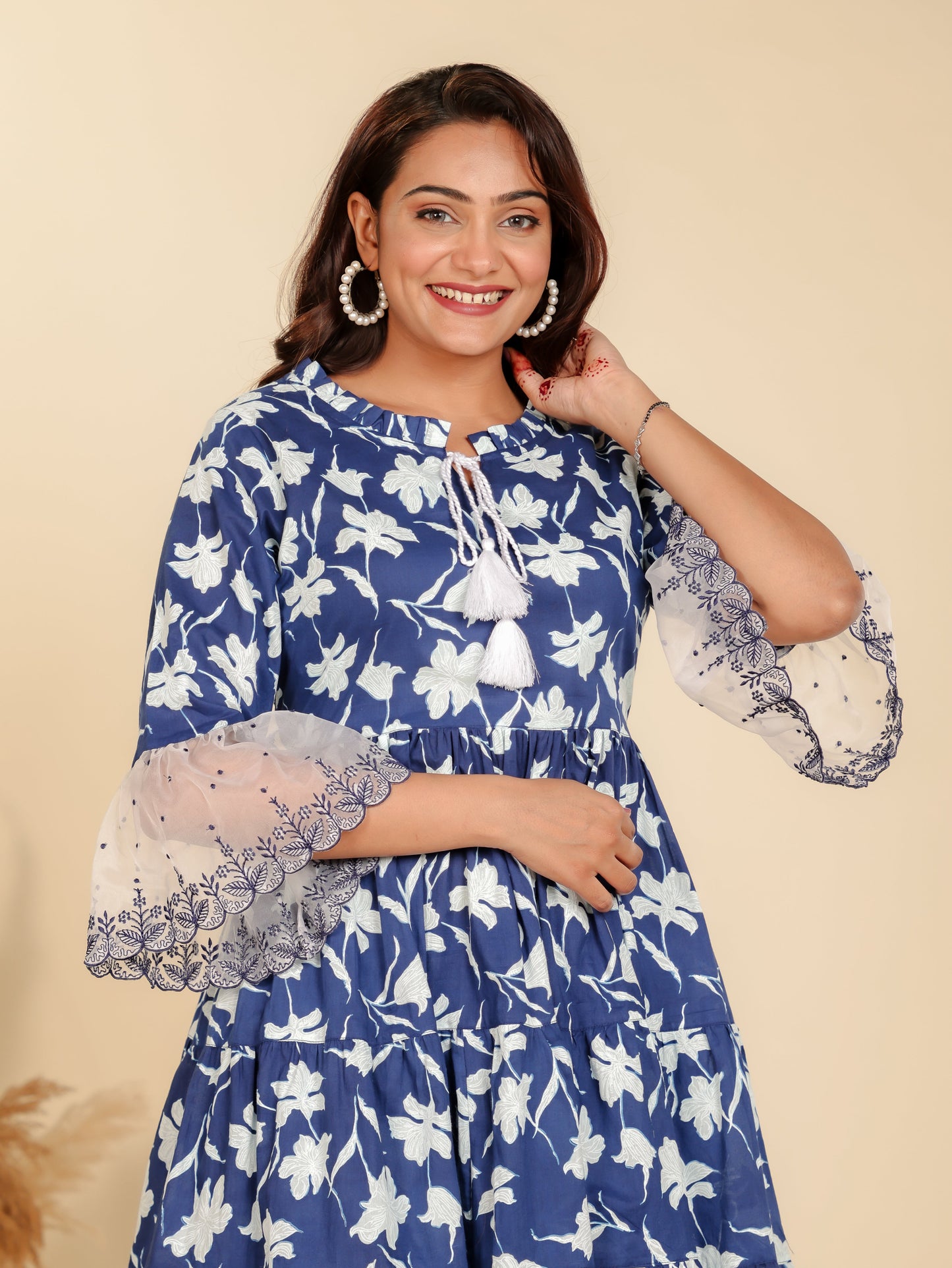 Soft Cotton Floral Flared Blue Kurta